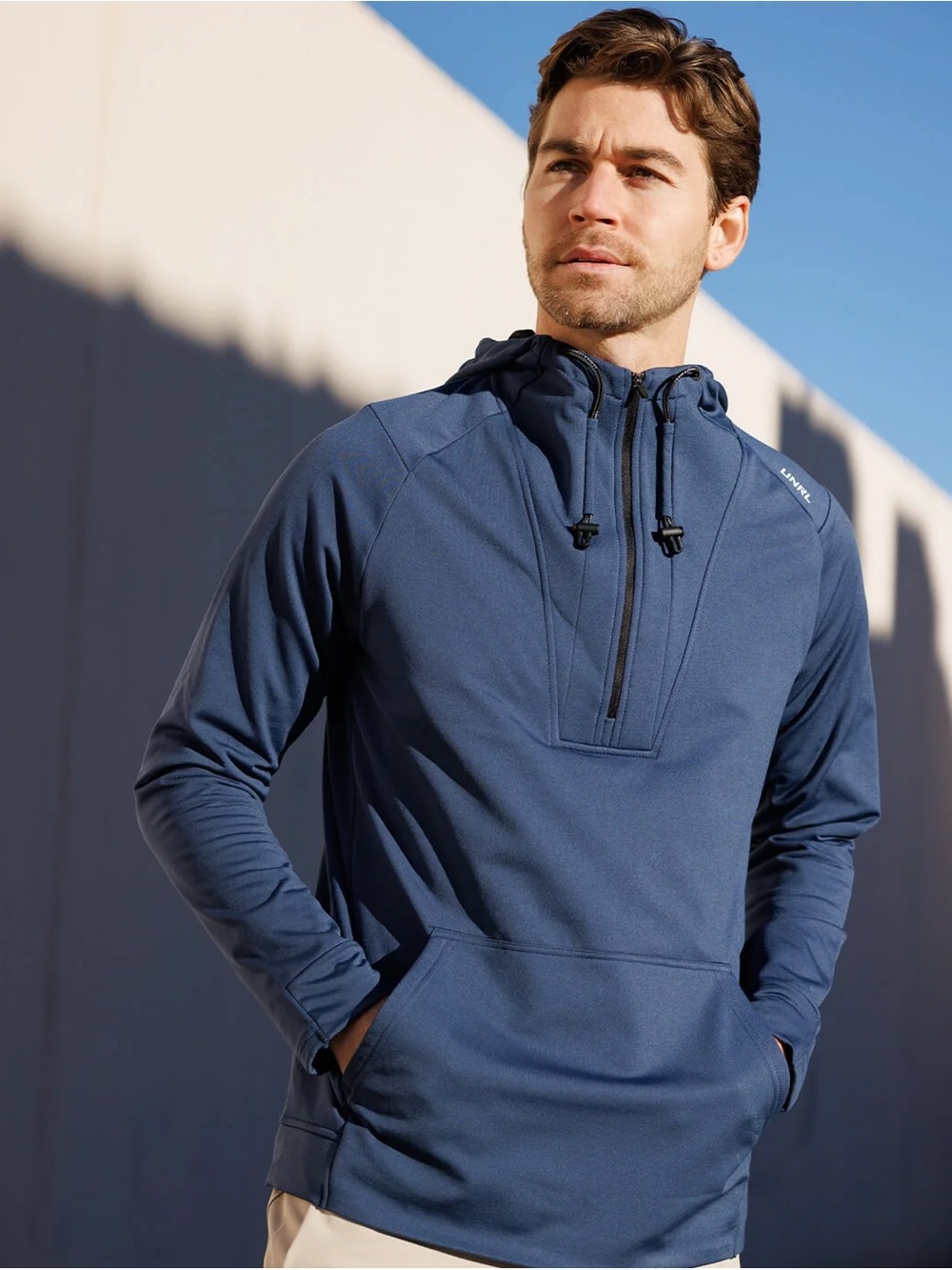 UNRL Men’s Crossover Half Zip Hoodie Pullover Longsleeve Pockets in Blue XL